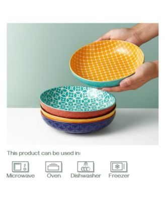 9.75" Ceramic Pasta Bowls – 50oz Large Shallow Salad Serving Bowls & Plates, Set of 4, White, Microwave & Dishwasher Safe