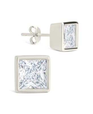 Sterling Silver Princess Cut Bezel Set Stud Earrings