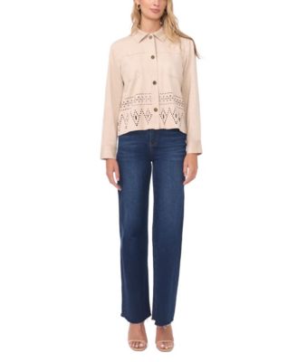 Women's Collar Button-Down Eyelet Hem Jacket