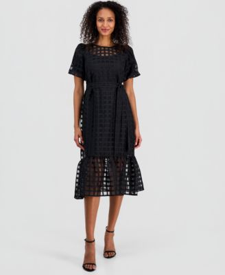 Robbie Bee - Women's Bubble-Sleeve Belted Midi Dress