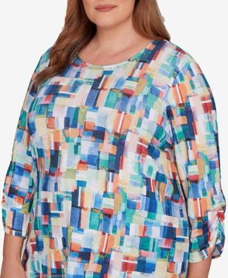 Plus Size Saratoga Springs Tile Print Colorblock Textured Top