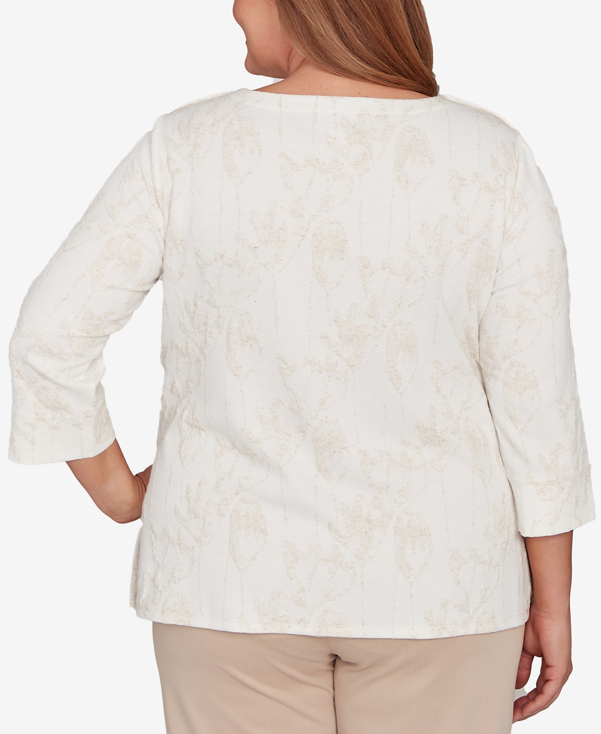Alfred Dunner Plus Size Saratoga Springs Raised Texture Floral Design Knit Top In Neutral