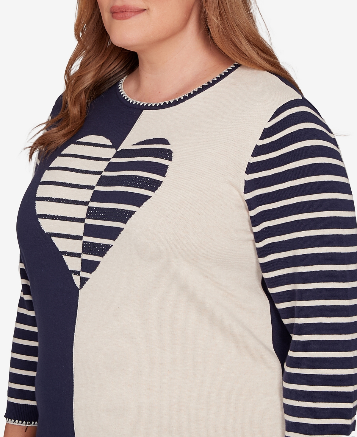 Alfred Dunner Plus Size Saratoga Springs Heart Motif Detail Striped Sweater In Blue