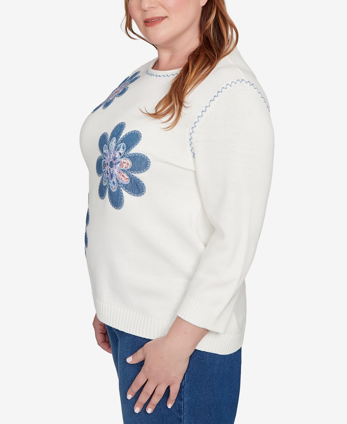 Alfred Dunner Plus Size Hilton Head Quilted Denim Applique Flower Sweater In White