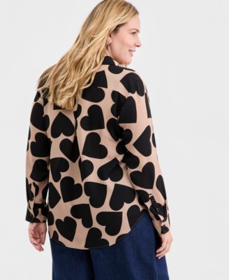 Trendy Plus Size Giant Heart Print Button-Front Crepe Shirt, Macy's Exclusive