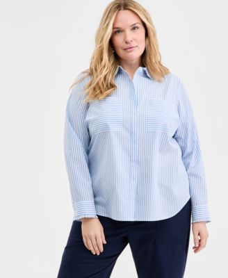 Trendy Plus Size Jenna Stripe Ruffle Trim Button-Front Shirt, Macy's Exclusive