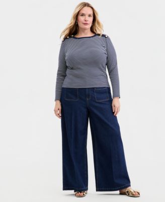 Trendy Plus Size Striped Button-Shoulder Long-Sleeve T-Shirt, Macy's Exclusive