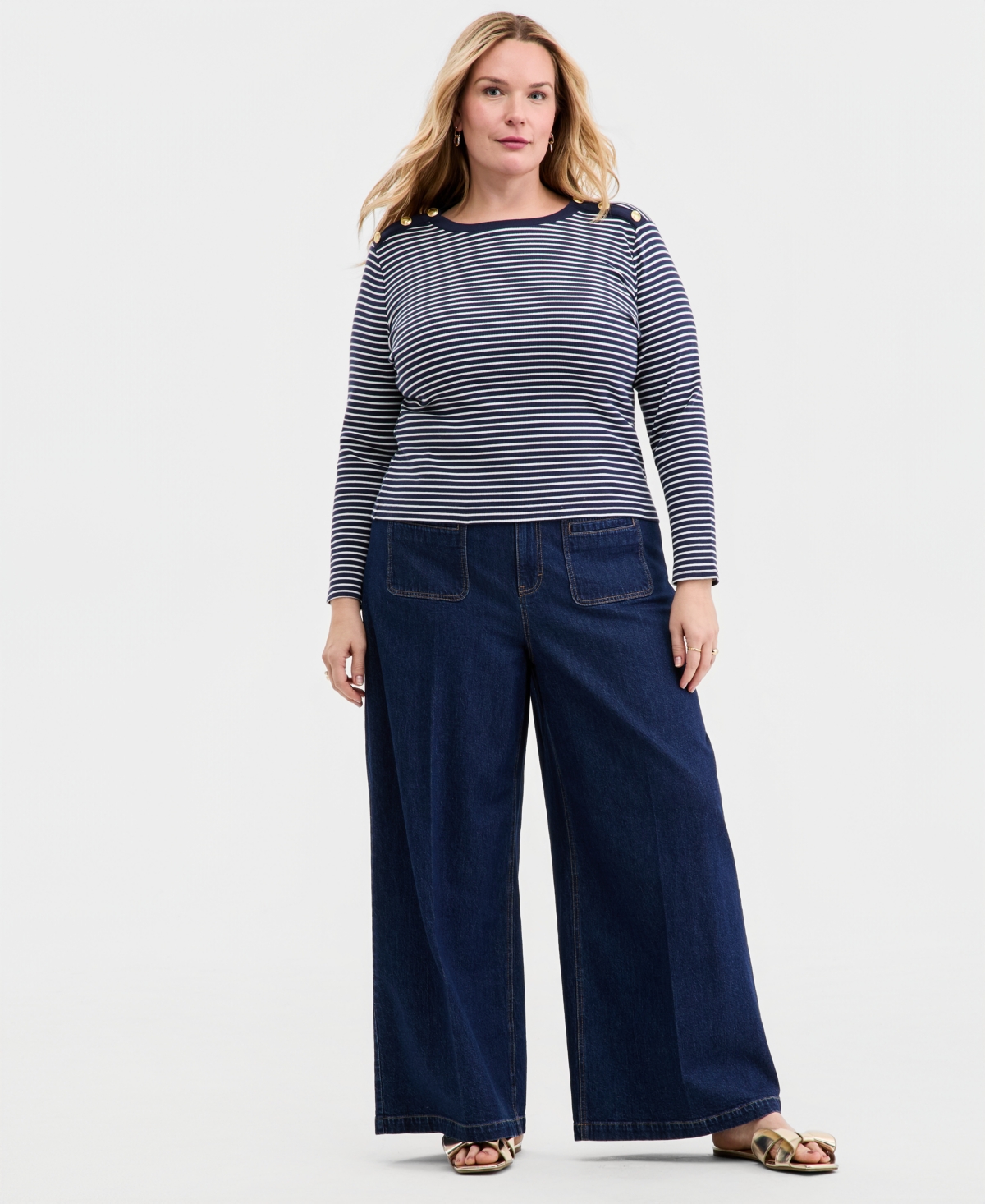 On 34th Trendy Plus Striped Button-Shoulder Long-Sleeve T-Shirt, Macy's Exclusive