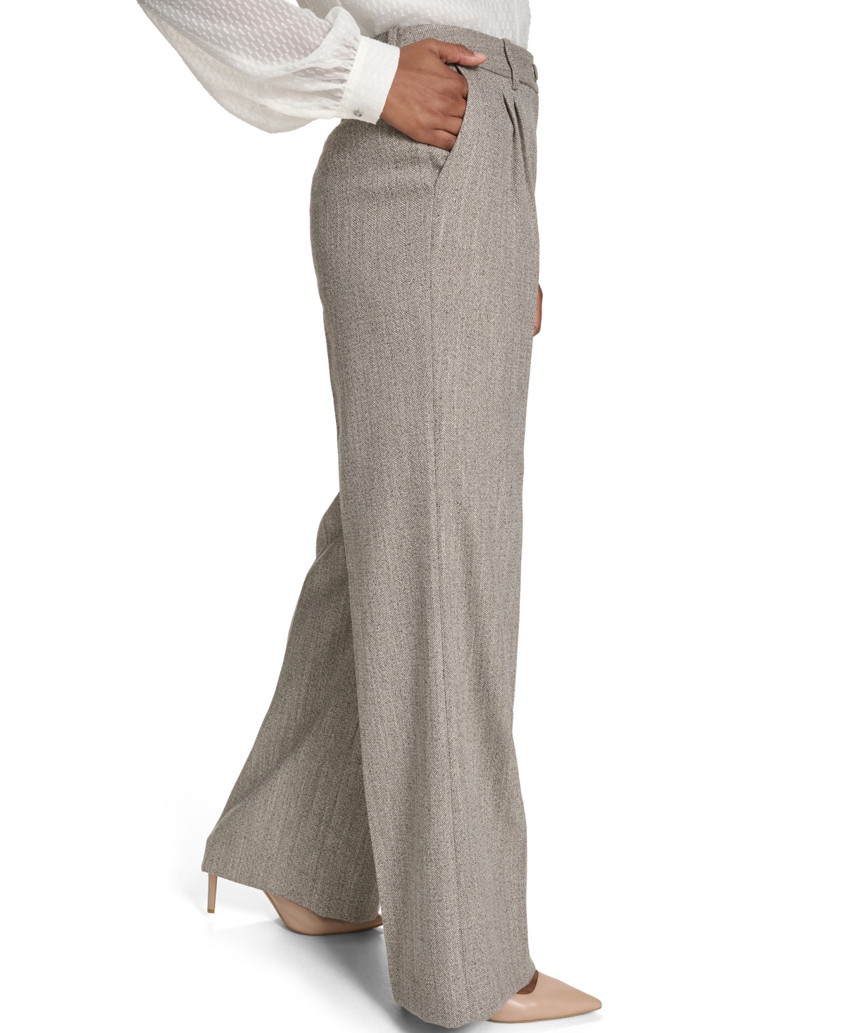 Calvin Klein Petite Novelty Pleated Wide Leg Pants In Gray