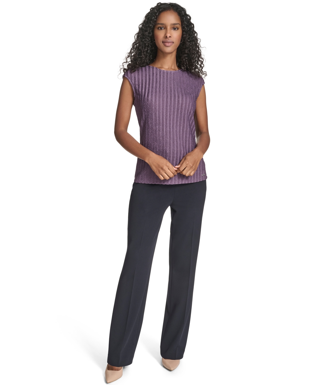 Calvin Klein Petite Cap Sleeve Textured Knit Top In Purple