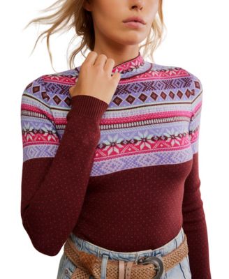 Women's Winter Warmer Fair-Isle Printed Long-Sleeve Bodysuit Top