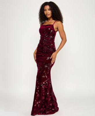 Juniors' Embellished Velvet Sequin Gown