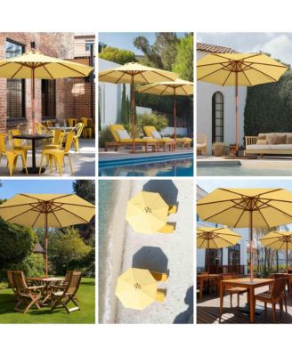 9ft Solid Wood Outdoor Patio Umbrella with Base Included Parasol Wheels Stand for Bistro Market Garden Deck Yard Poolside Yellow