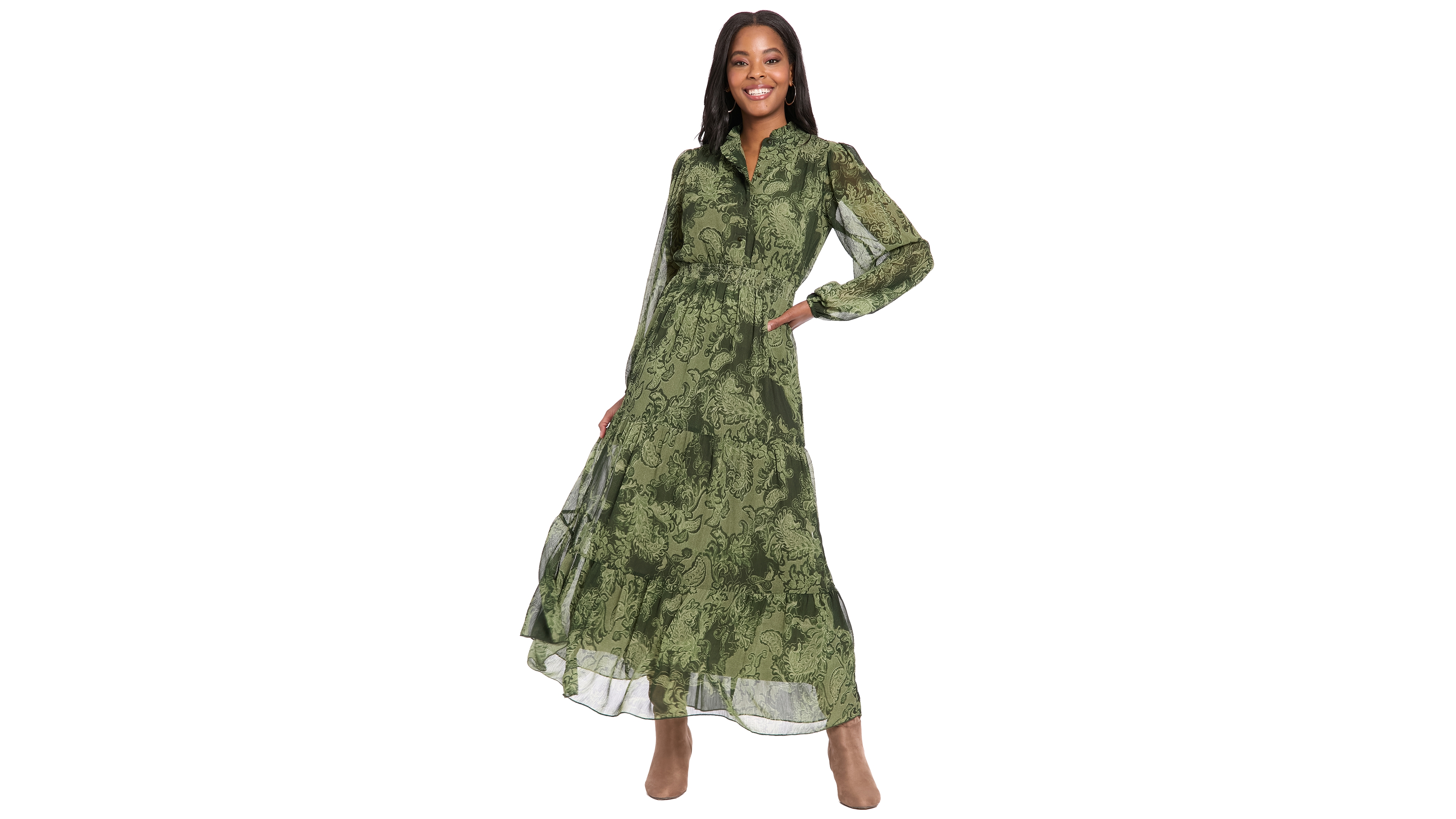 London Times Women's Printed Tiered Mock Neck Maxi Dress
