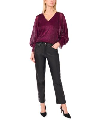 Women's Metallic V-Neck Sheer-Sleeve Top