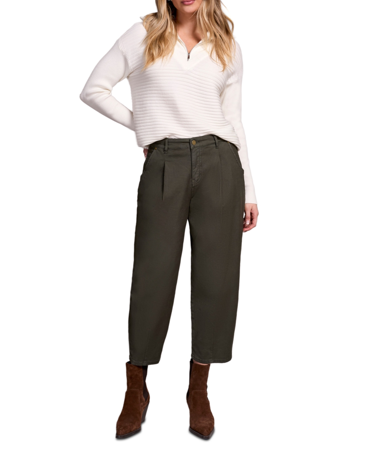 Tribal Women's Audrey Mid Rise Girlfriend Barrel Crop Jeans In Green
