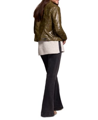 Women's Faux Leather Button-Front Collar-Accent Jacket