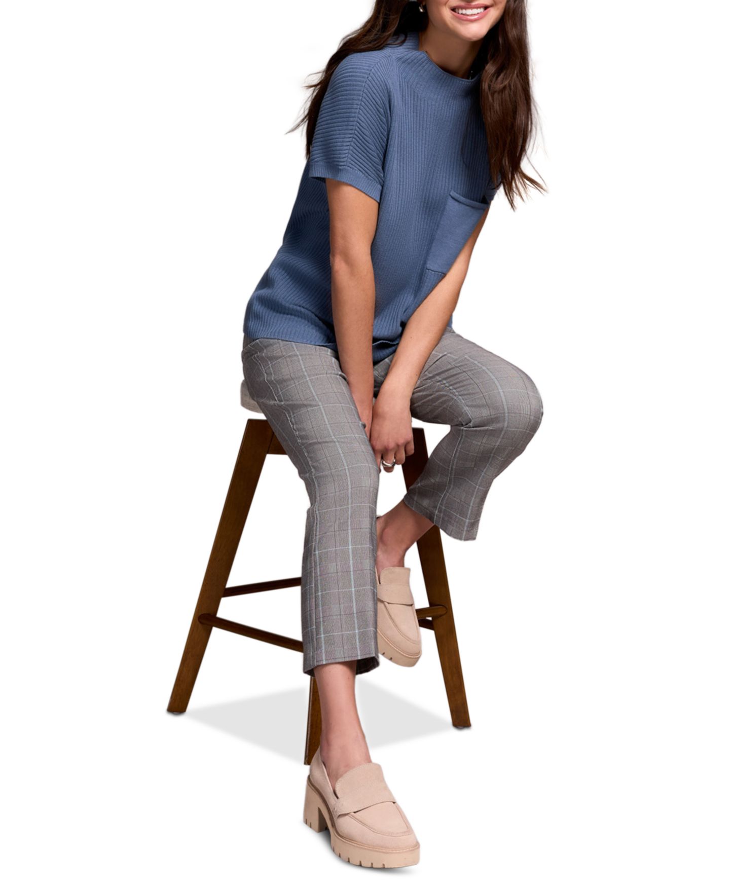 Женский топ TRIBAL Cotton Mock Neck Cap Short Sleeve, цвет: Slateblue — фото 2