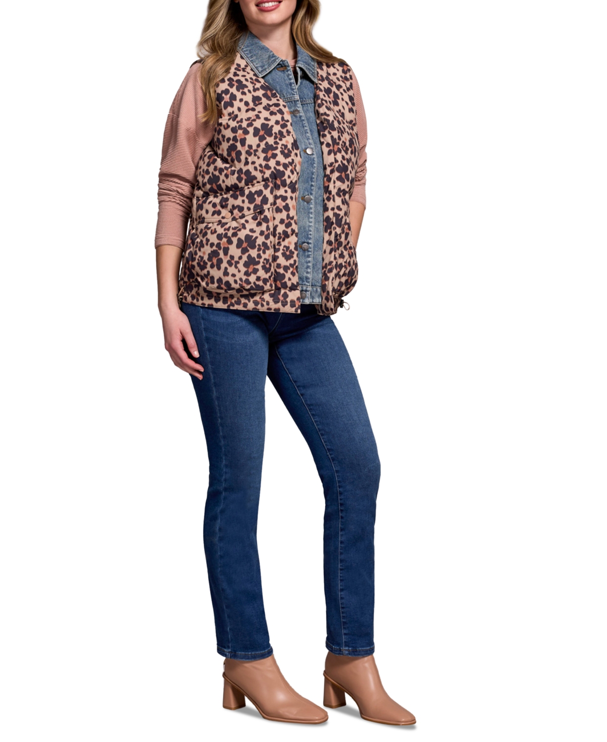 Tribal Women's Printed Leopard Shell Fooler Puffer Denim Vest In Animal Print