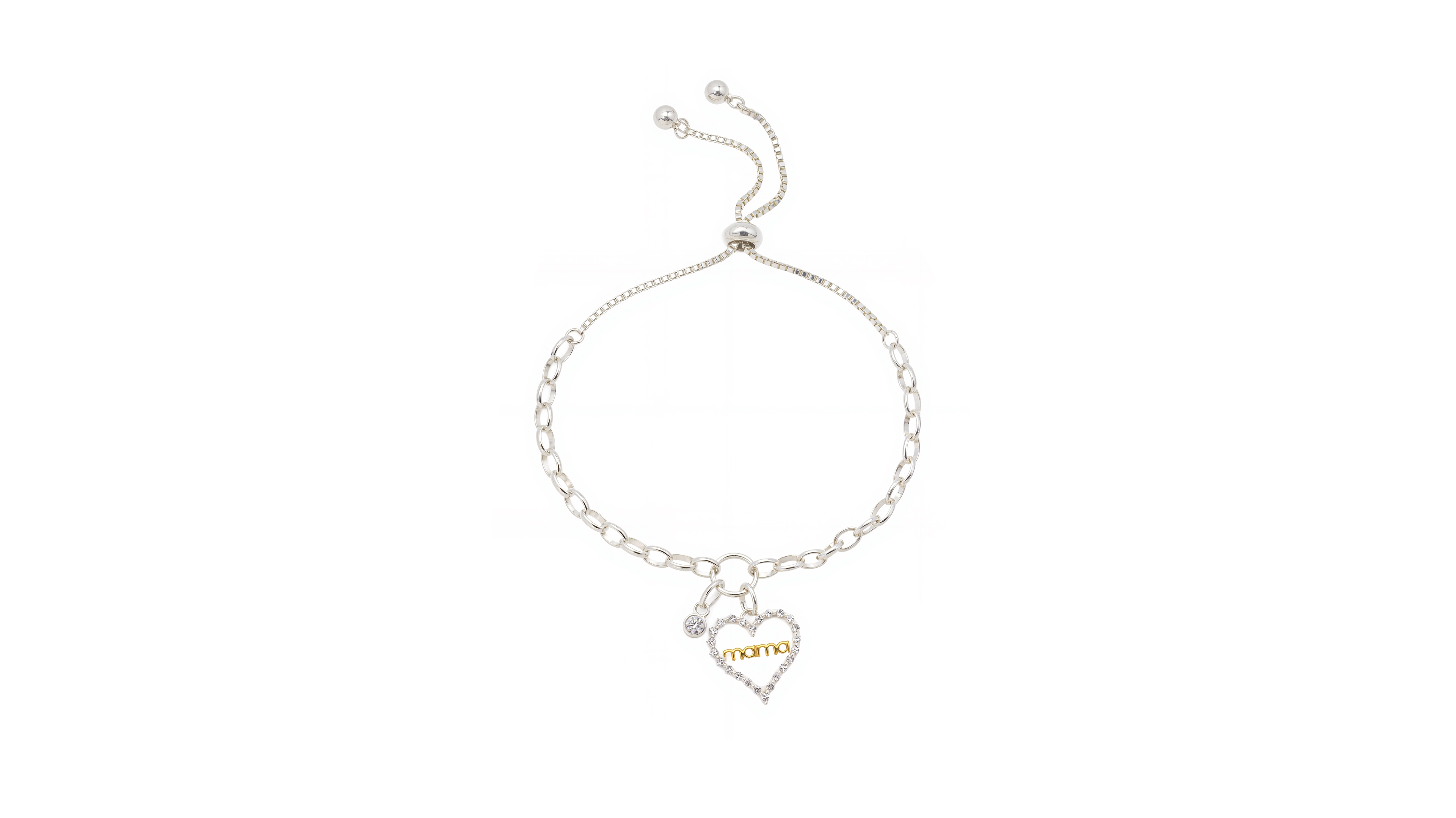 Unwritten Two Tone "Mama" Open Cubic Zirconia Heart Cubic Zirconia Bezel Link Chain Boloo Bracelet