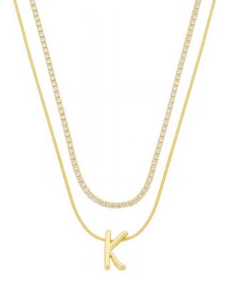 Unwritten - Letter "K" Initial Snake Chain Cubic Zirconia Chain Necklace With Extender 2Pcs Set