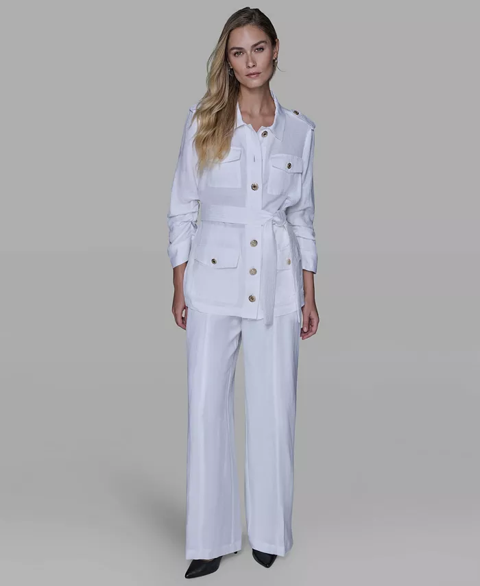 Women's Collared Linen-Blend Belted Jacket - thumbnail 9