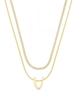 Unwritten - Letter "V" Initial Snake Chain Cubic Zirconia Chain Necklace With Extender 2Pcs Set