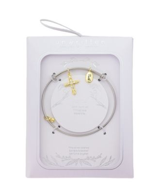 Two Tone Tone "Faith" Crystal Cross And Crystal Bezel Bangle Bracelet