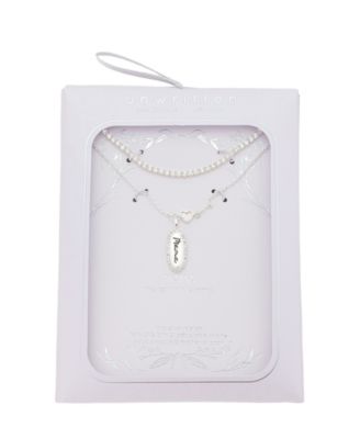 "Mama" Cubic Zirconia , Mother Of Cultivated Pearl Heart Cubic Zirconia Link Chain Necklace 2Pcs Set