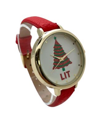 Red Faux Leather Christmas Themed Women Watches