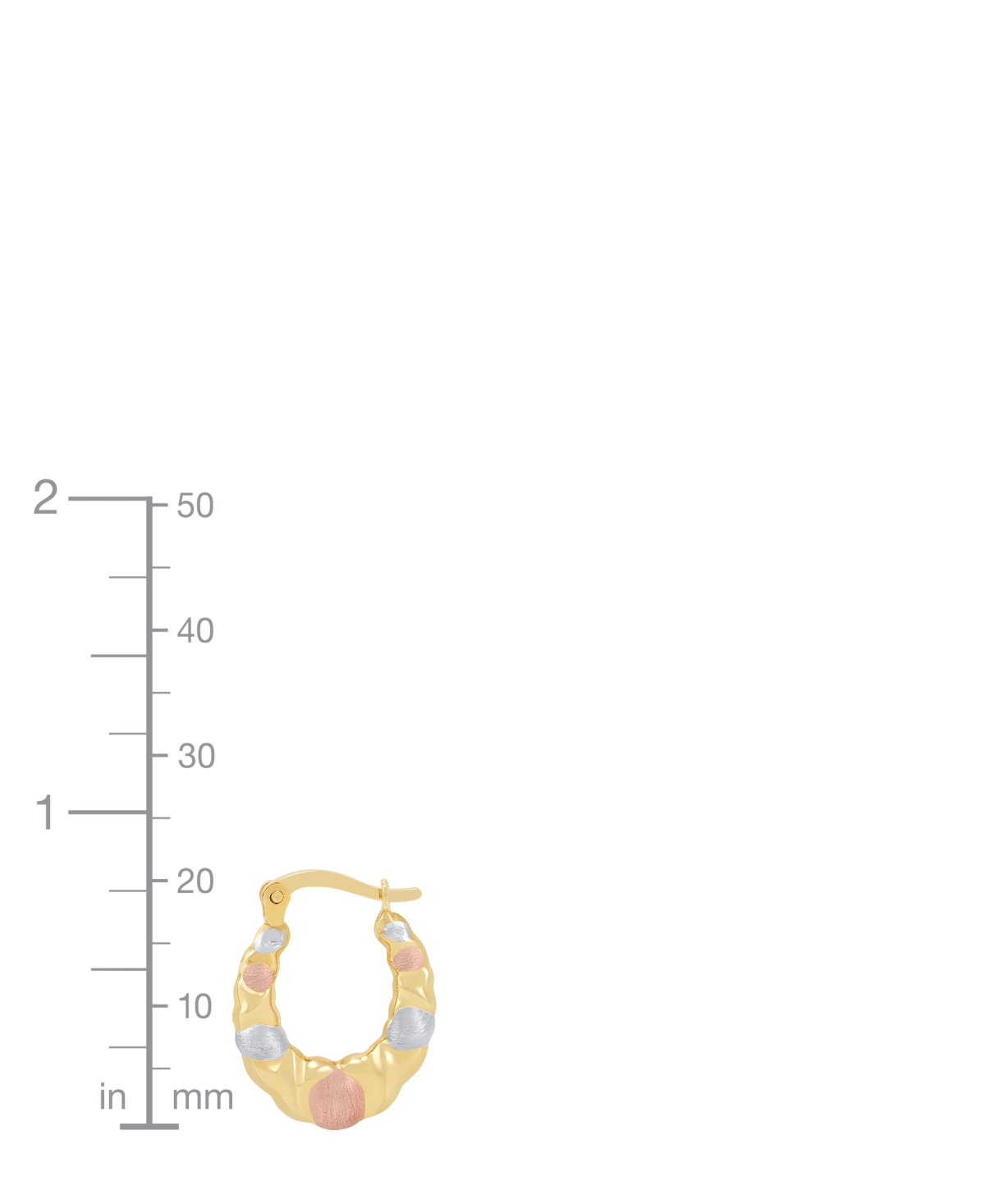 Macy's Satin Polished Triple Tone Graduated Xoxo Oval Hoop Earrings in 10K Yellow Gold, Rose Gold and Rhodium