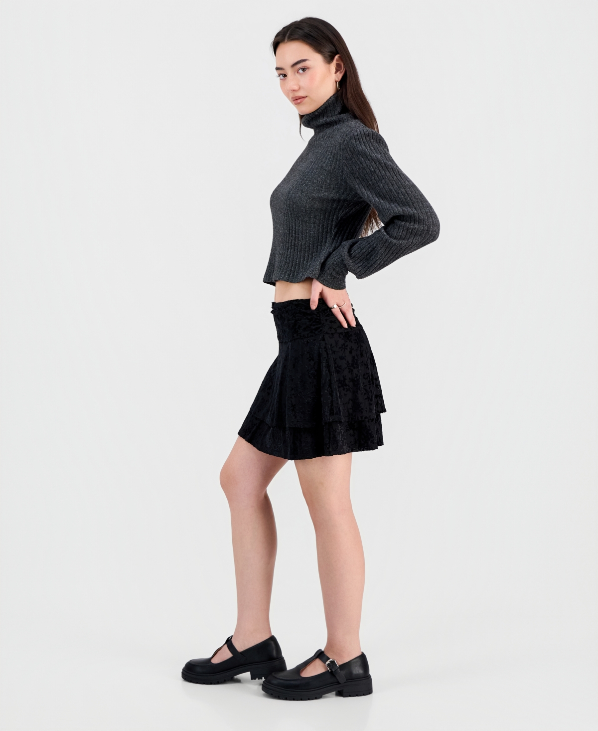 Sincerely Jules Juniors' Flocked Ruffle Lace Skirt In Black