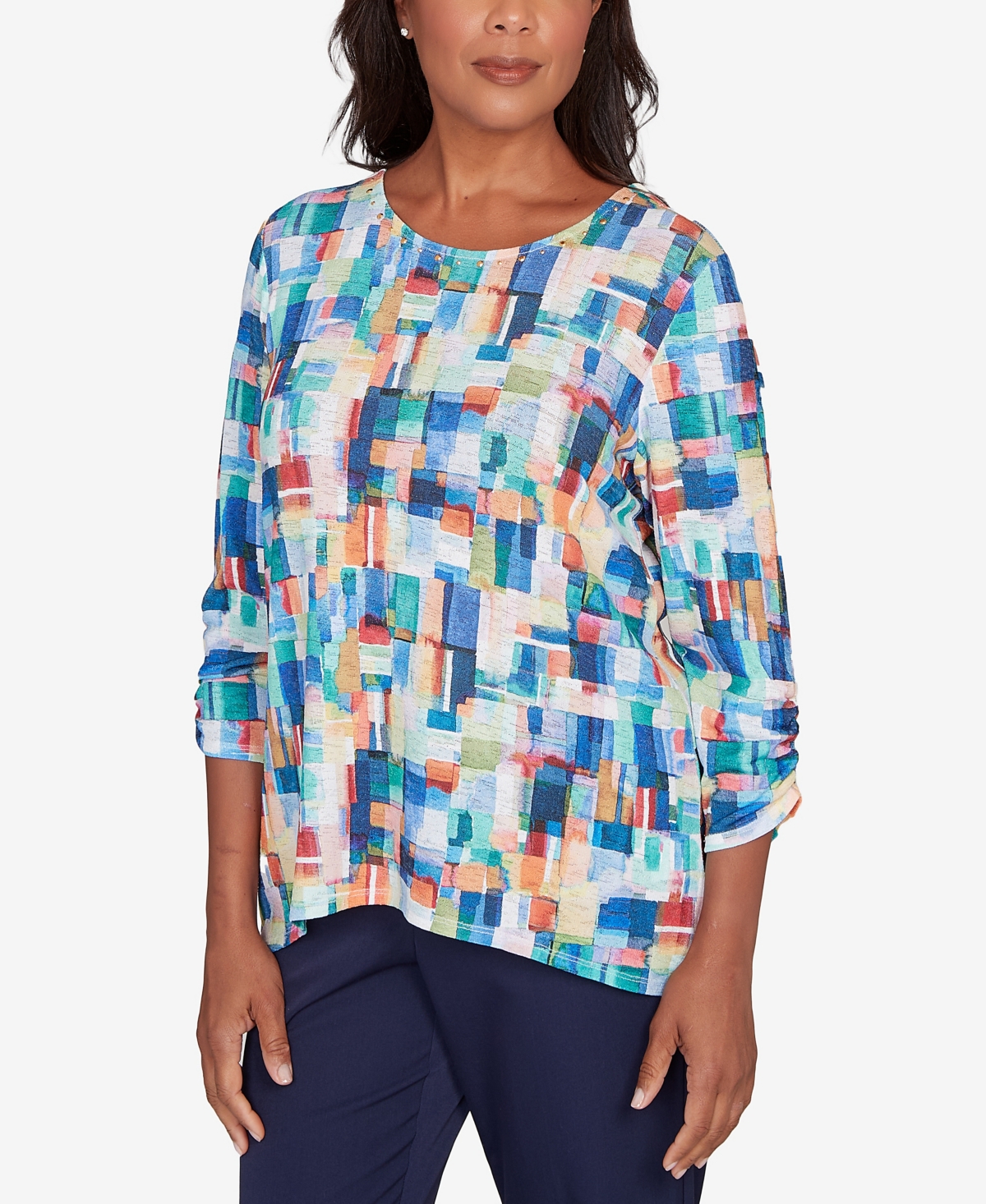 Alfred Dunner Petite Saratoga Springs Tile Print Colorblock Textured Top