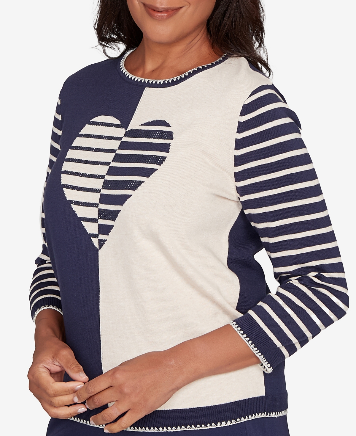 Alfred Dunner Petite Saratoga Springs Heart Motif Detail Striped Sweater