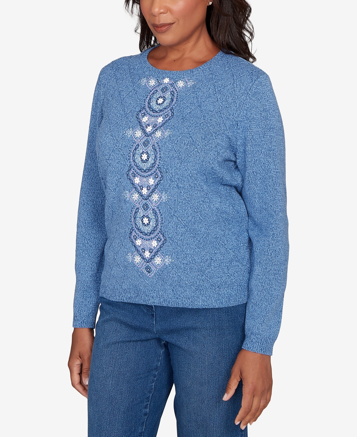 Alfred Dunner Petite Hilton Head Center Embroidery Accent Sweater