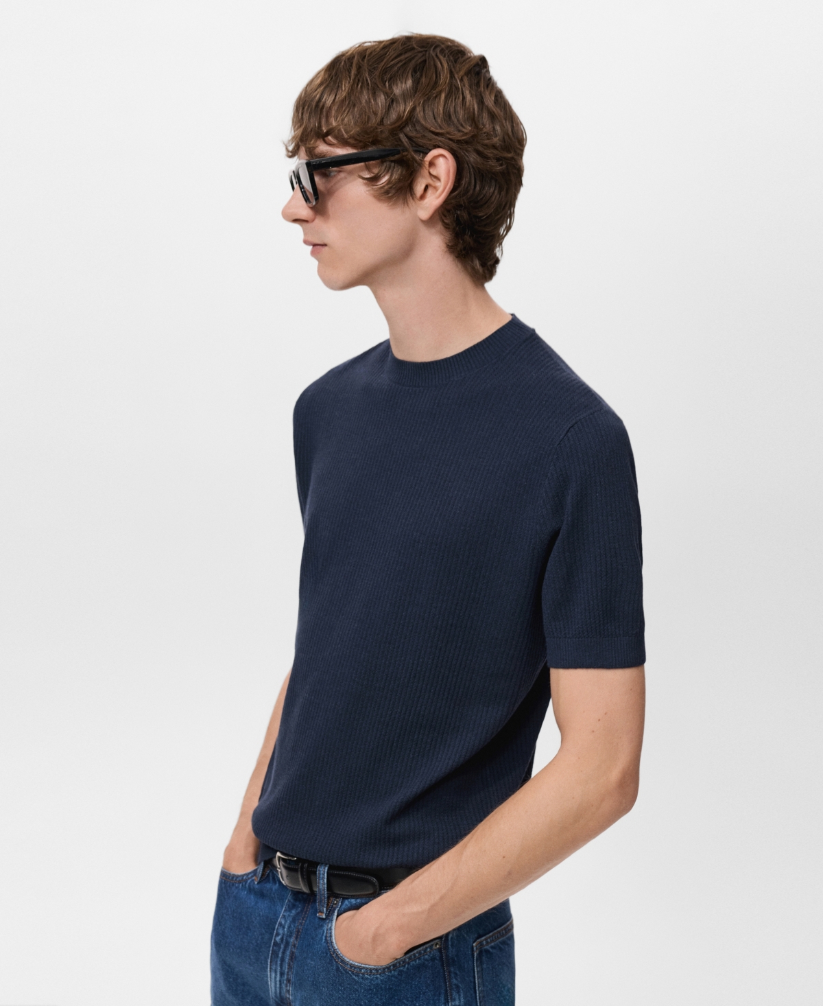 Mango Men's Ribbed Knit T-Shirt