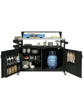 Outdoor Kitchen Island, Wood Cabinet, Stainless Top, Rolling Grill Cart - Black