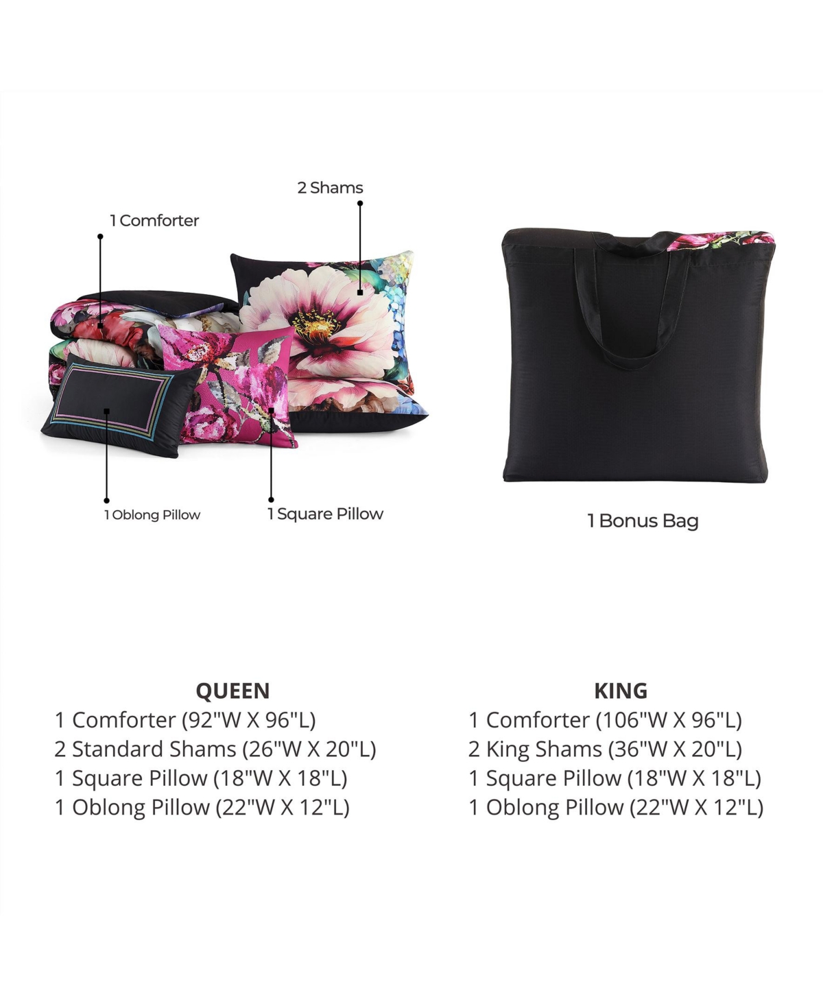 Bebejan Black Night Poppies Bedding 100% Cotton Sateen 5 Piece King Size Reversible Comforter Set