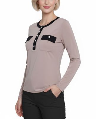 Petite Long Sleeve Contrast Detail Top