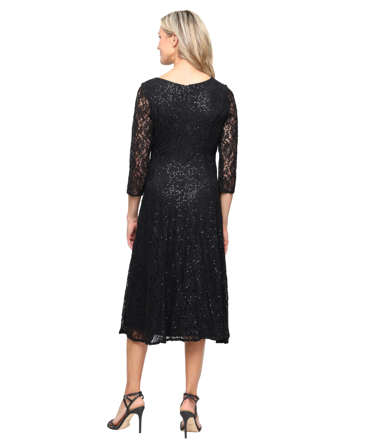 Sl Fashions Women's Sweetheart Neck Tea Length Sequin Lace Dress In Black