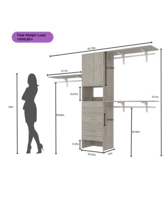96-Inch Closet Organizer System with 3 Wood Drawers, Shelving Towers and Hanging Rods, 8-Foot Closet System with Doors