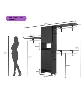 96-Inch Closet Organizer System with 3 Wood Drawers, Shelving Towers and Hanging Rods, 8-Foot Closet System with Doors