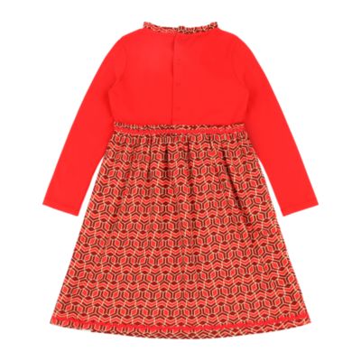 Little Girls Long Sleeve Ruffle Trim Dress - Red Multicolor