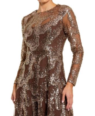 Women's Embellished Mesh Long Sleeve High Neck Gown