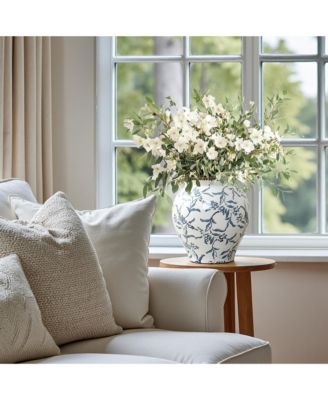 Handmade Blue Floral Wide-Mouth Waterproof Ceramic Vase, 9.25" Round Indoor Home Decor