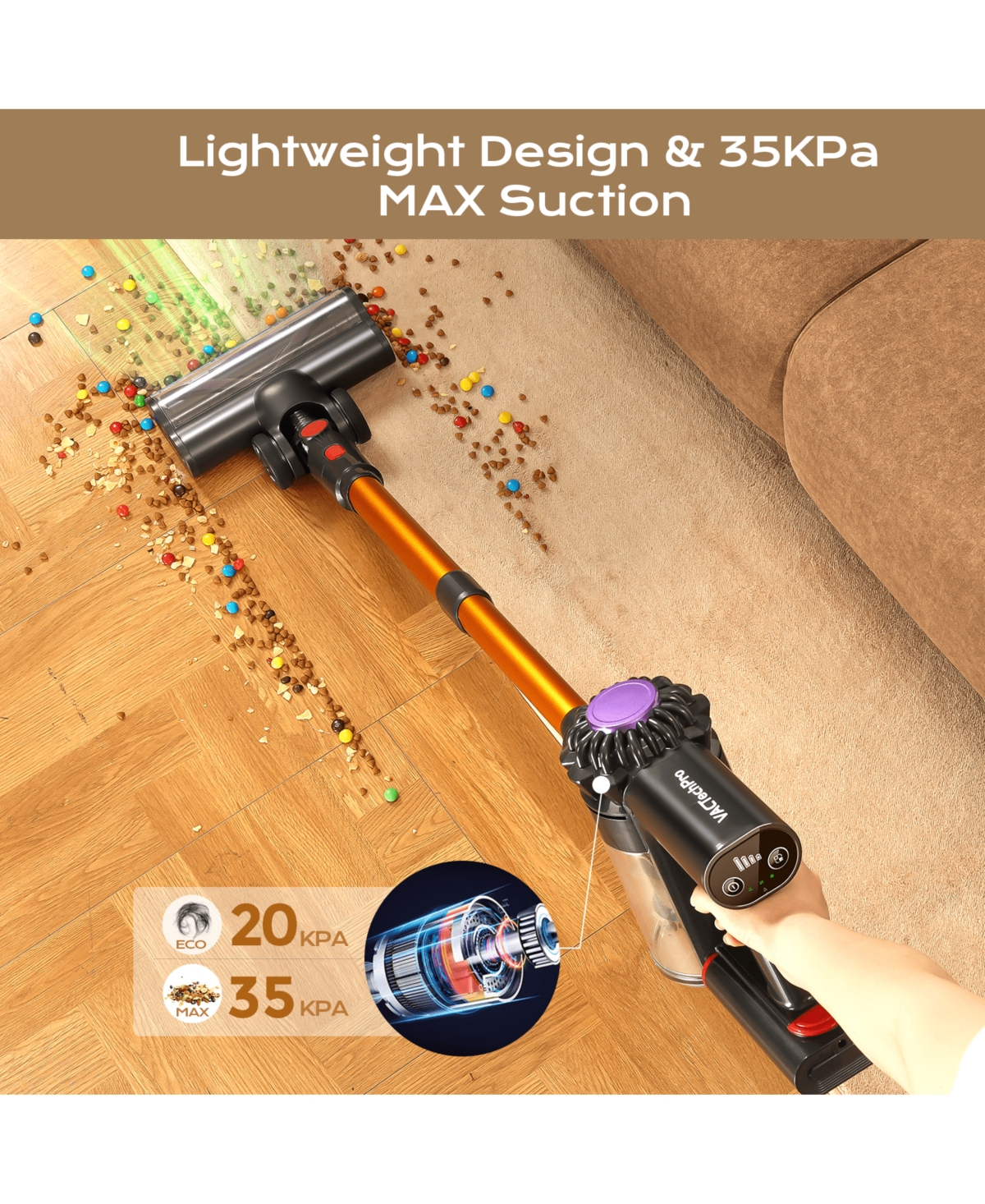Elephas V15 Cordless Vacuum Cleaner, 6-in-1 Stick Vacuum, 45 Min Runtime, Lightweight Telescoping Tube, for Hard Floor, Pet Hair and Carpet