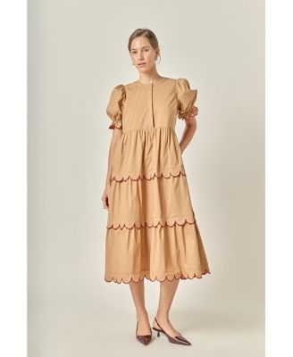 Women's Contrast Scallop Edge Midi Dress