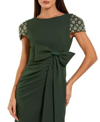 Women's Beaded Cap Sleeve Crepe Gown With Bow and Slit