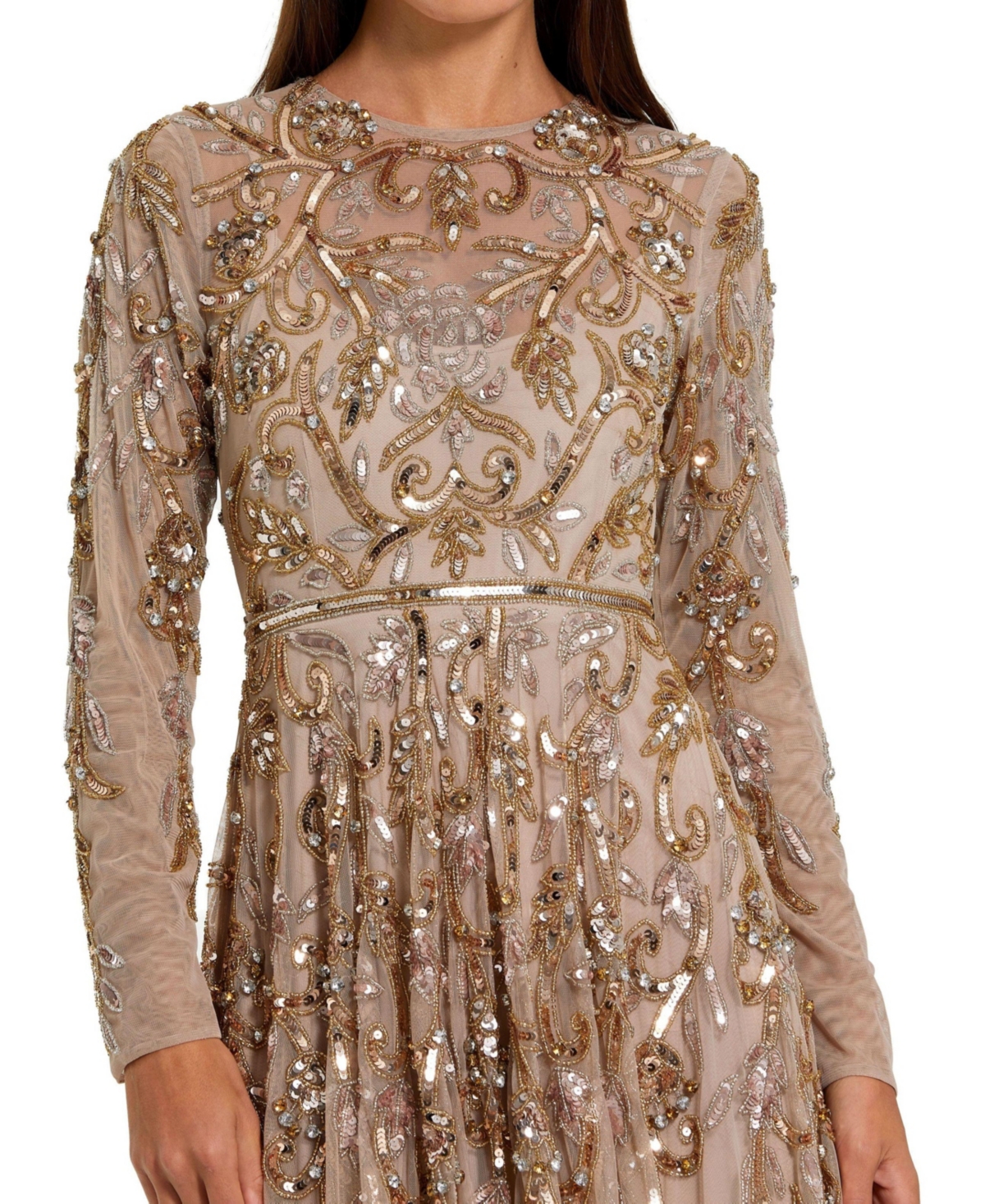 Mac Duggal Women's Long Sleeve Hand-Embellished Illusion Neckline Evening Gown