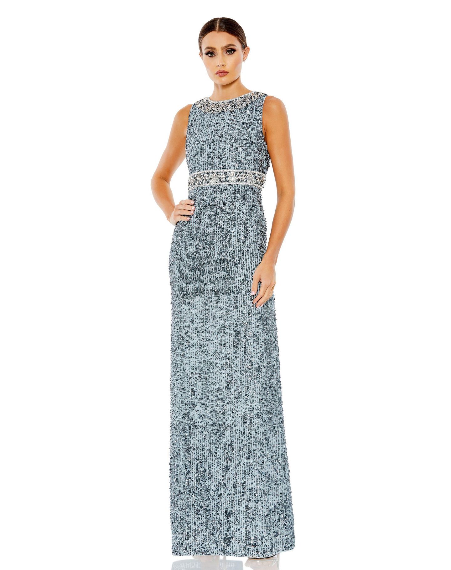 Женское платье Mac Duggal Sequined Sleeveless Embellished Neckline Gown, цвет: Сланцевый синий — фото 1